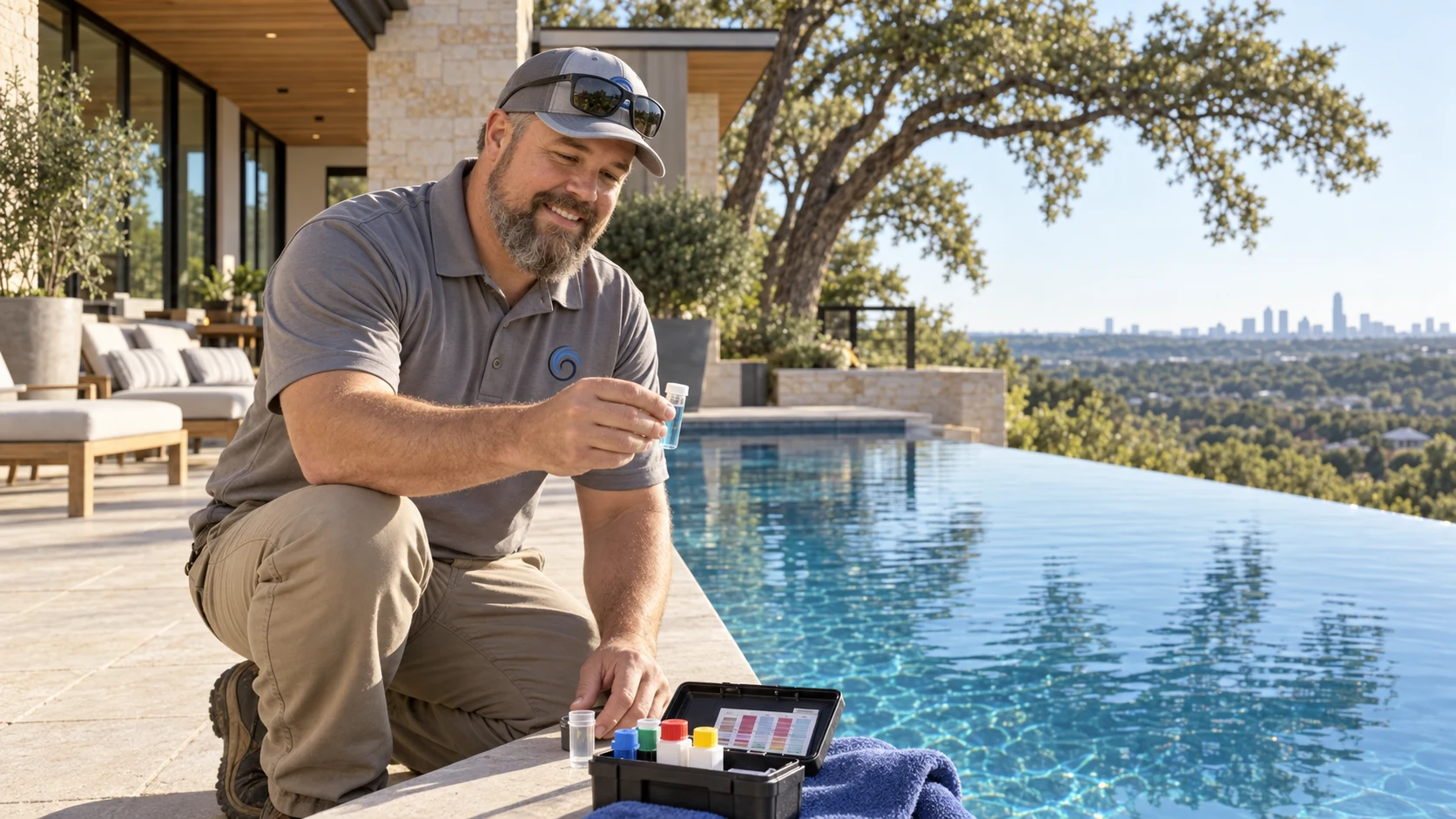 Travis testing the water at a modern infinity pool inspired by West Lake Hills architecture