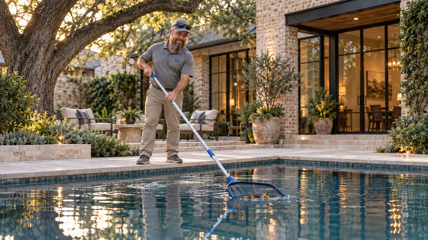 Travis skimming a Central Austin courtyard pool while standing safely on the stone deck
