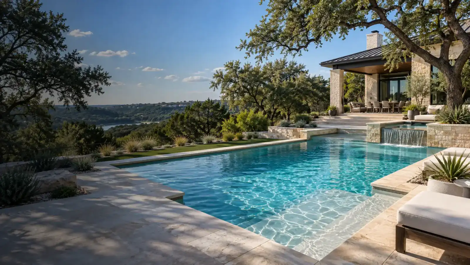 Pristine limestone swimming pool overlooking the Central Texas Hill Country