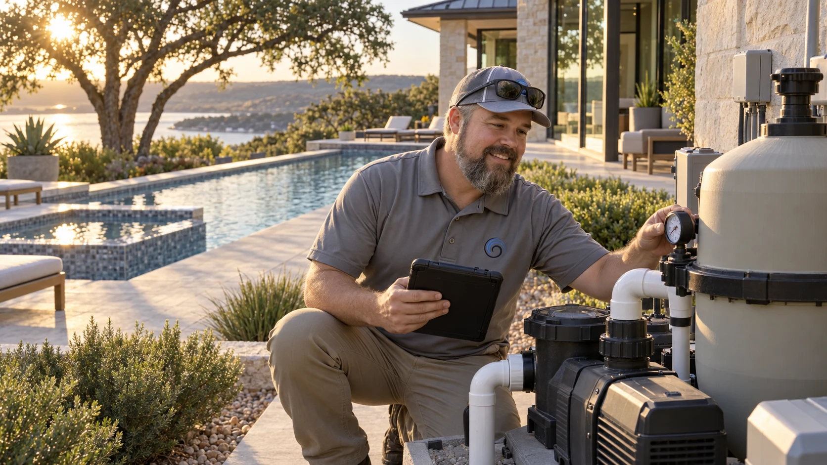 Travis inspecting a pool pump and filter at a Hill Country home overlooking Lake Travis