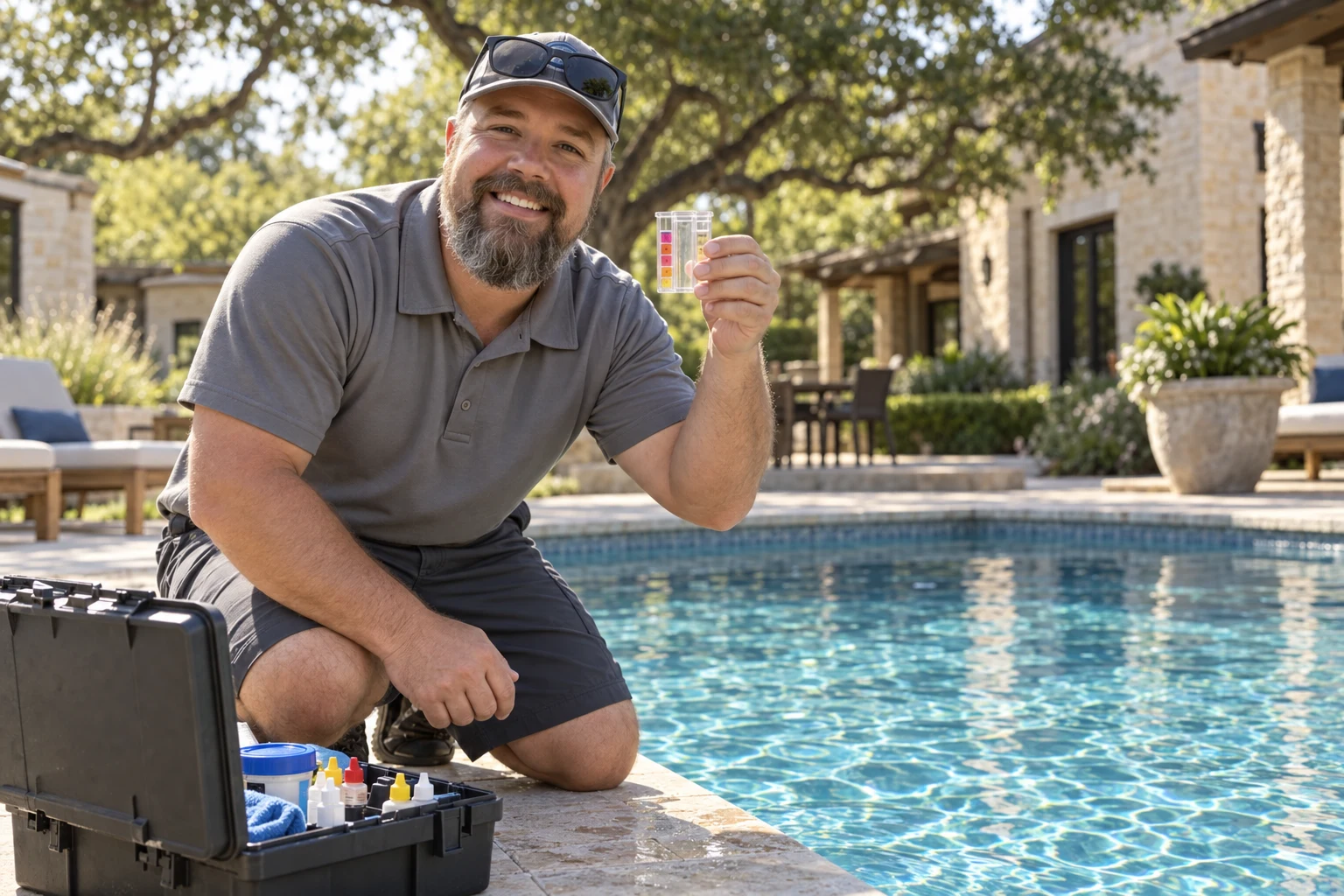 Travis testing pool water with a professional service kit
