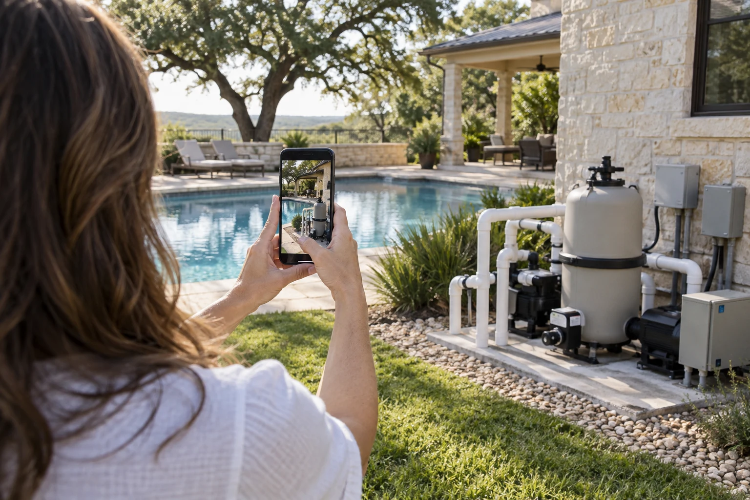 Homeowner photographing pool equipment to request a service quote