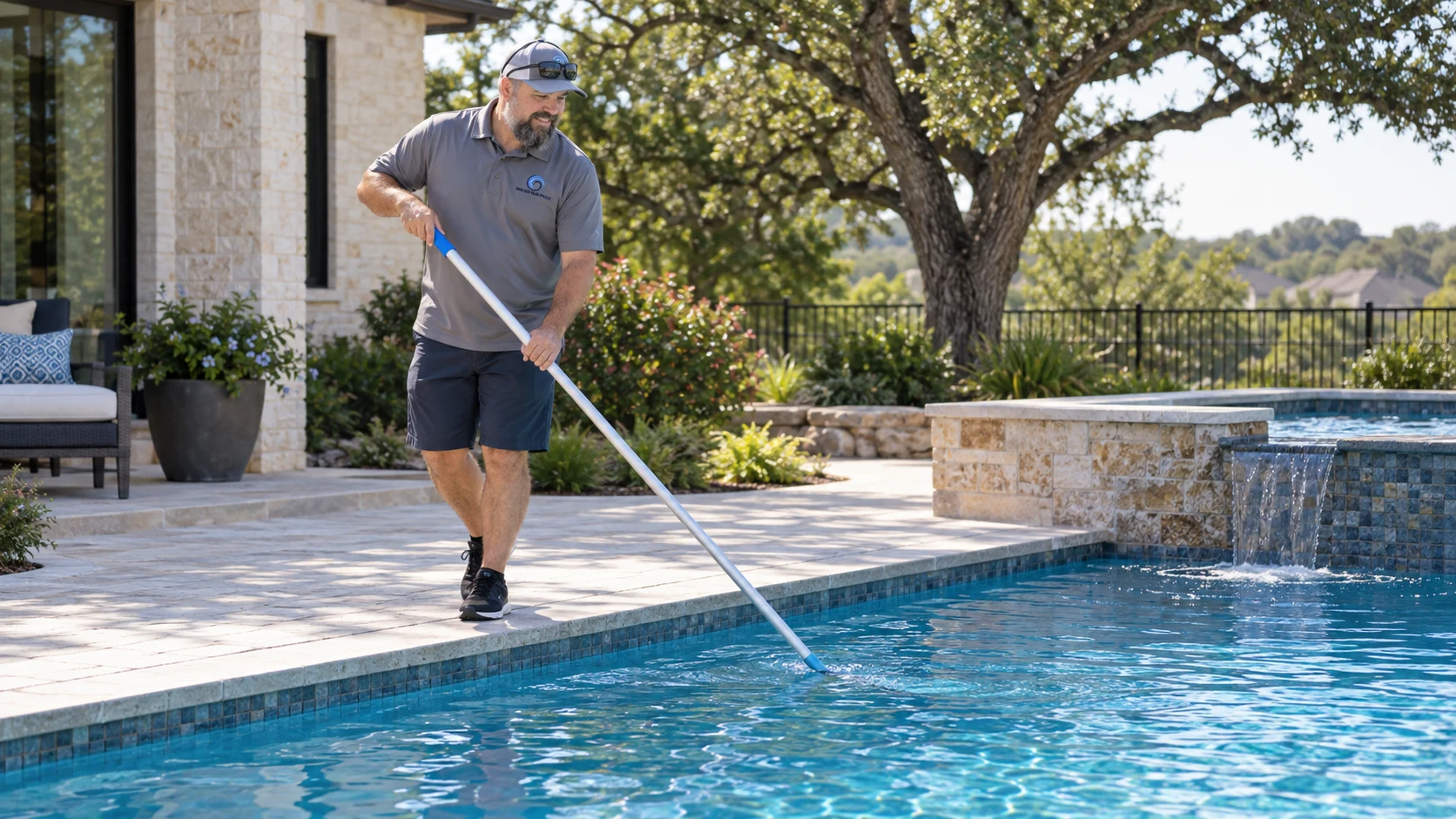Travis brushing a residential pool from the deck using professional perimeter technique