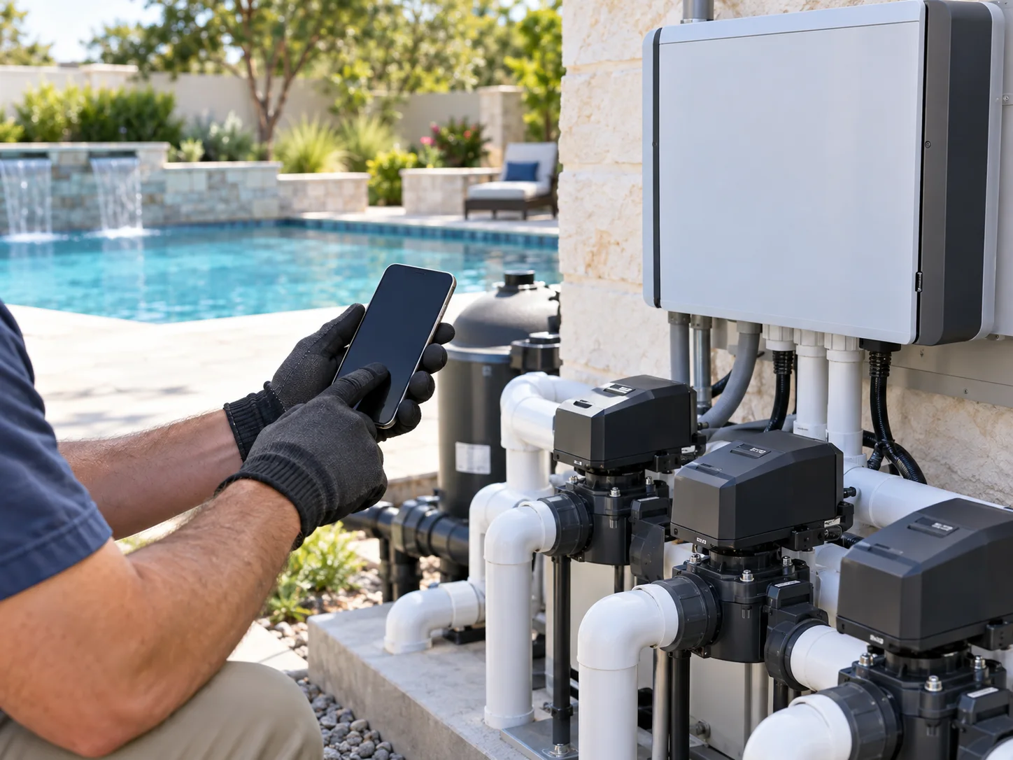 Pool automation controls and motorized valves being configured