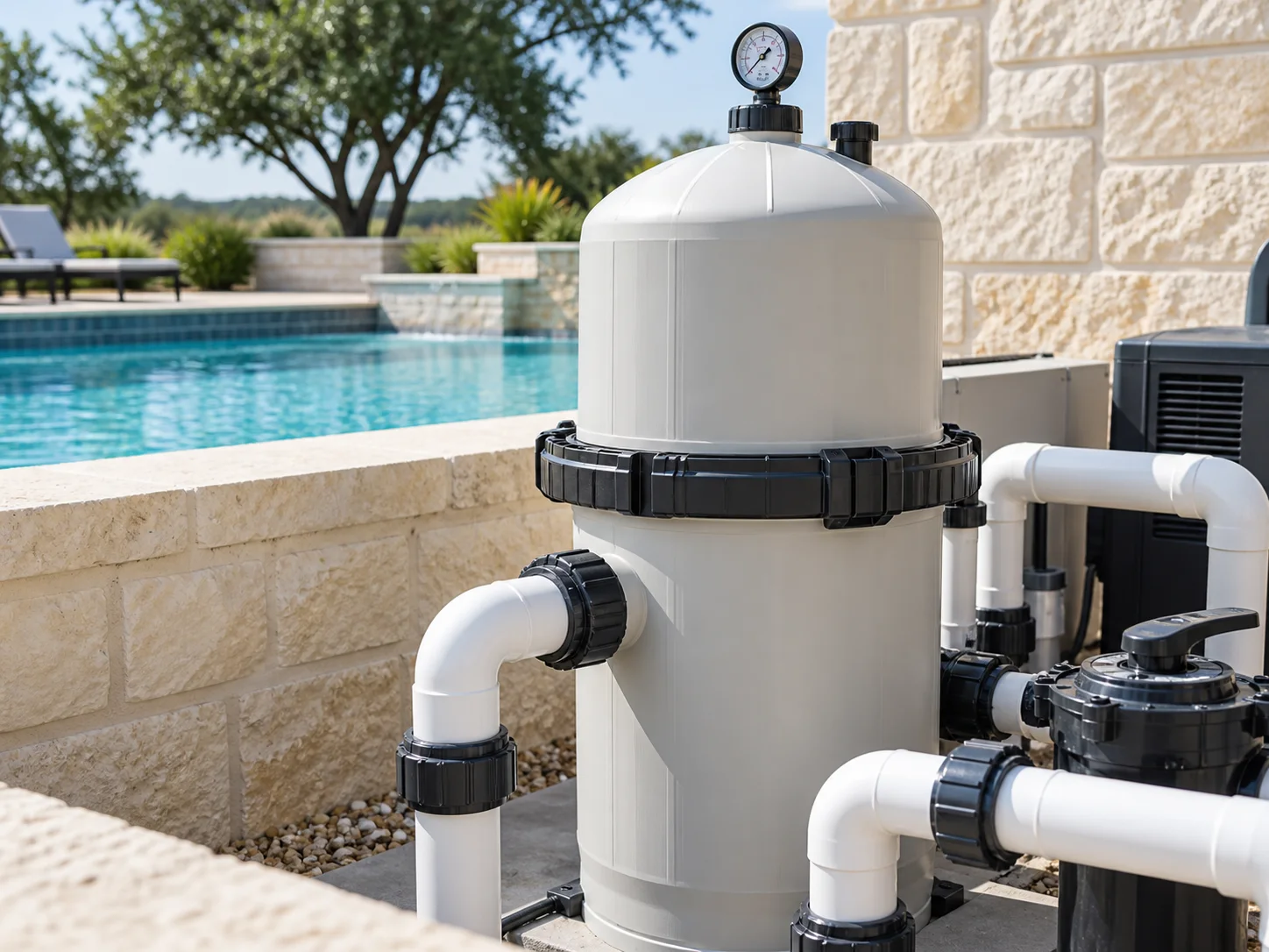 Premium cartridge pool filter with pressure gauge and clean plumbing