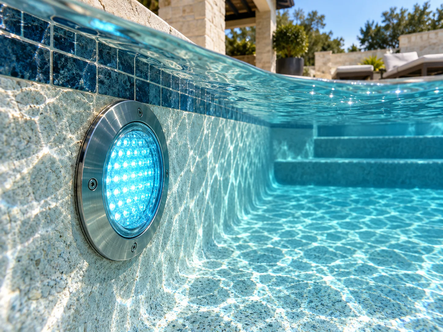 Underwater LED swimming pool light illuminating clear blue water