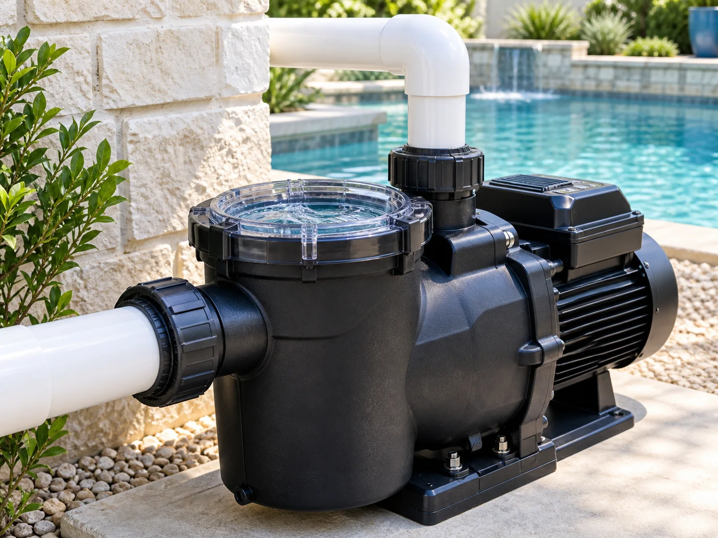 Modern variable-speed pool pump and motor beside a clear Central Texas pool