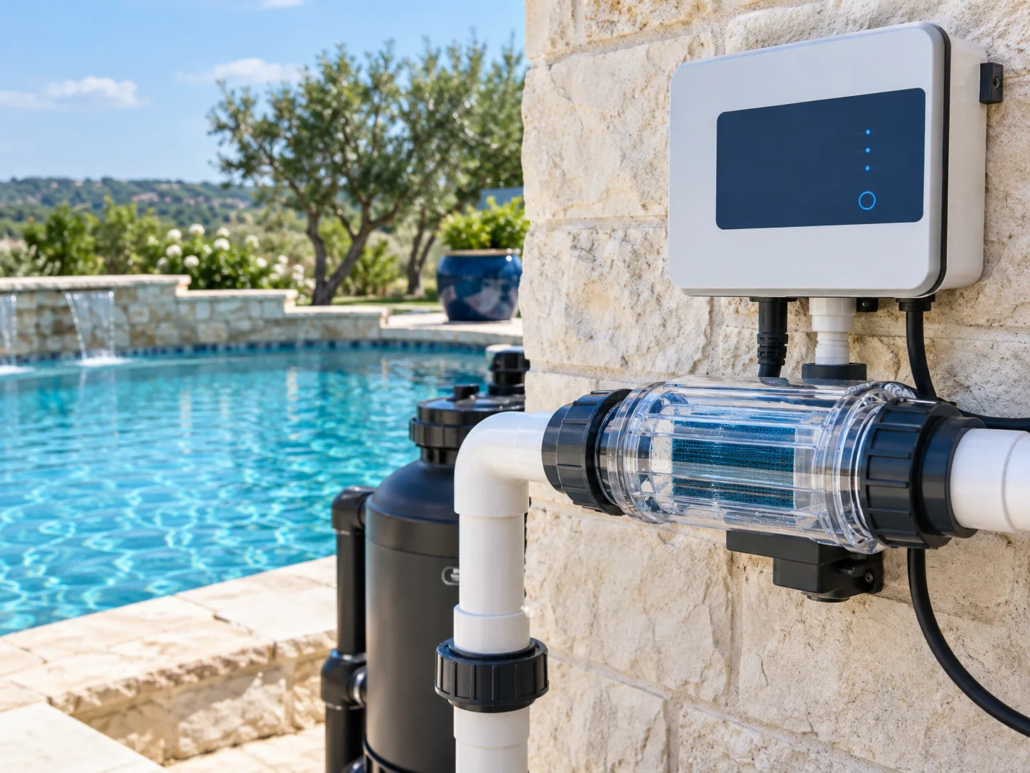 Modern saltwater chlorination cell and control system beside a clear pool